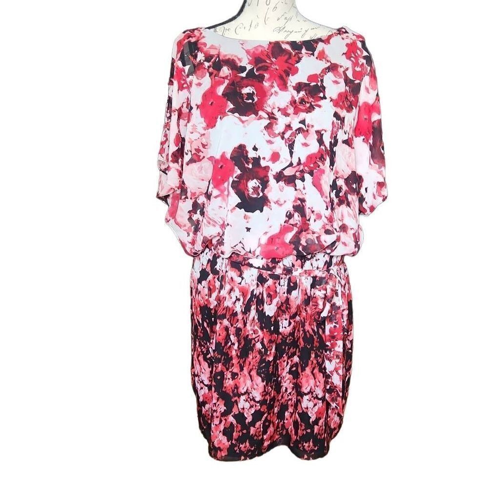 SLNY Ladies Size 14 Red White Black Blouson Belted Dress